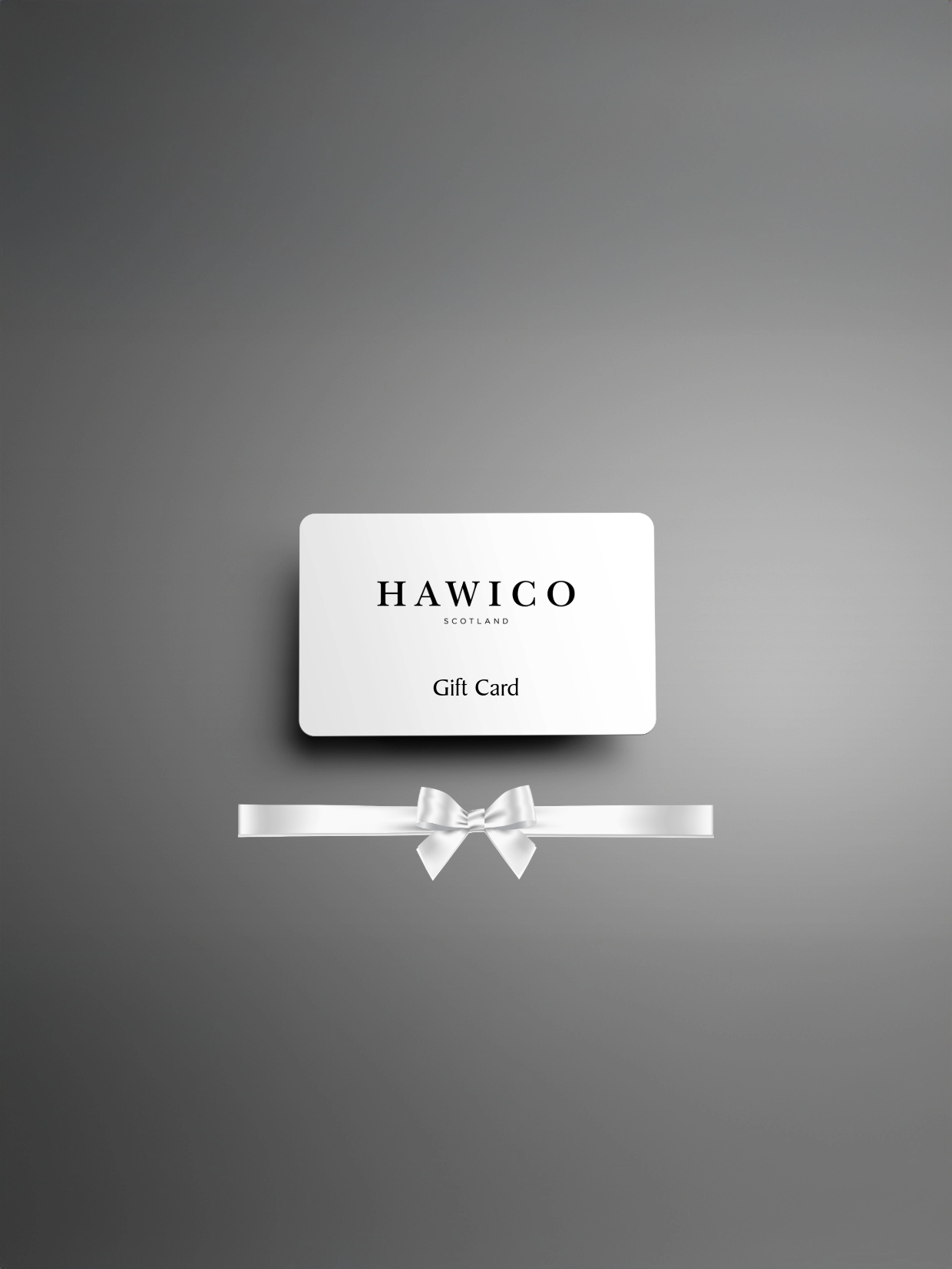 HAWIGO gift card with a silver ribbon on a gray background