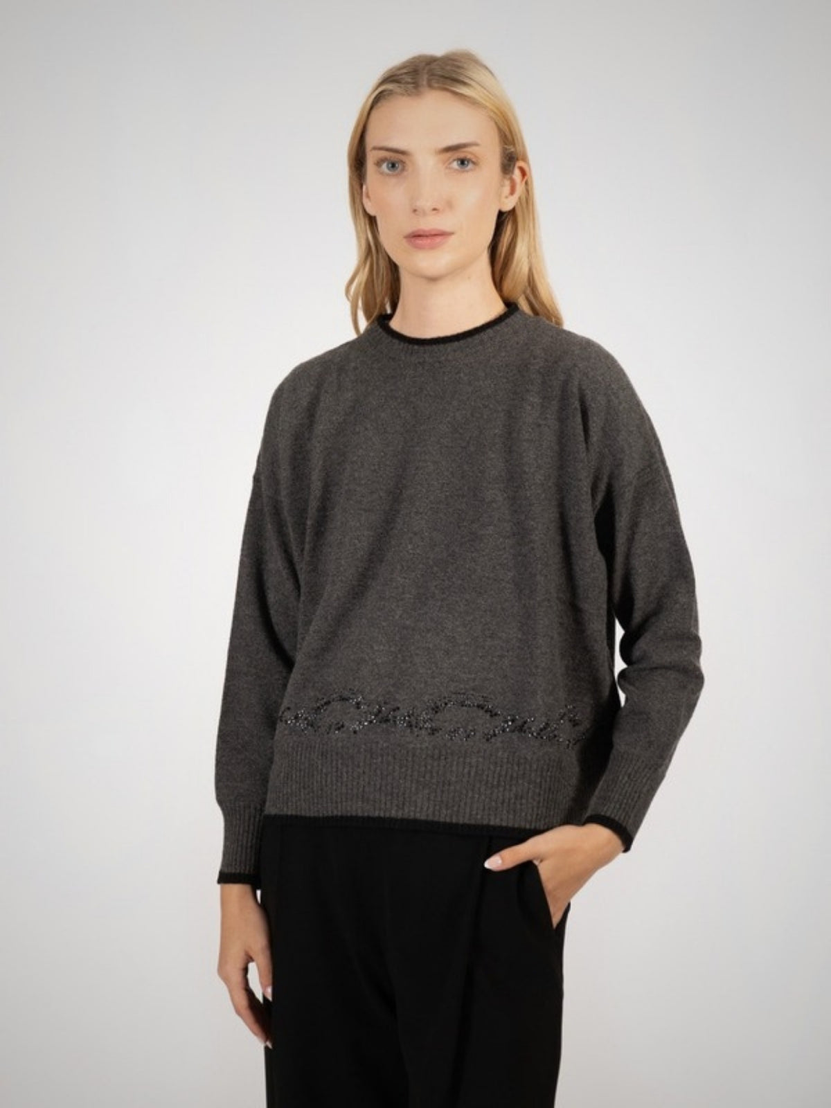Arakan Cable Crystal Women's Cashmere Jumper with Swarovski Crystals (in Derby Grey/Black) – Hawico Scotland