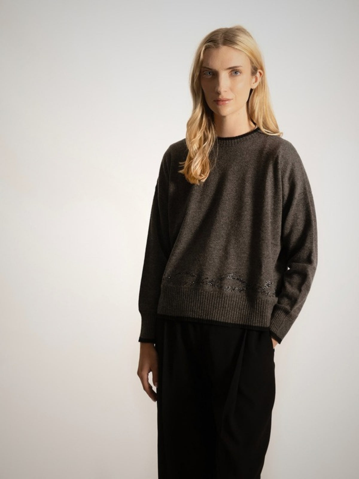 Arakan Cable Crystal Women's Cashmere Jumper with Swarovski Crystals (in Derby Grey/Black) – Hawico Scotland