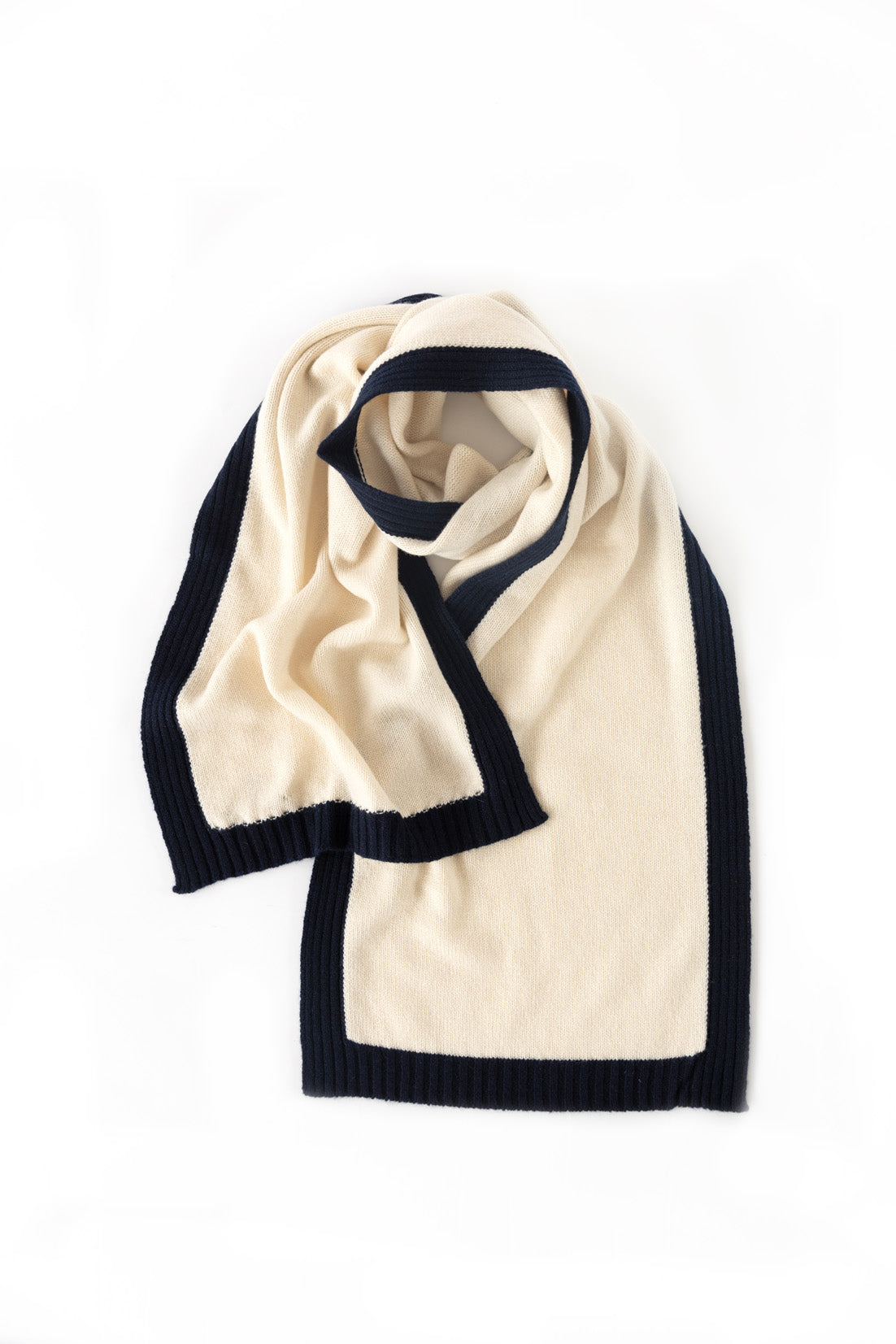 Cream-colored scarf with navy trim on a white background