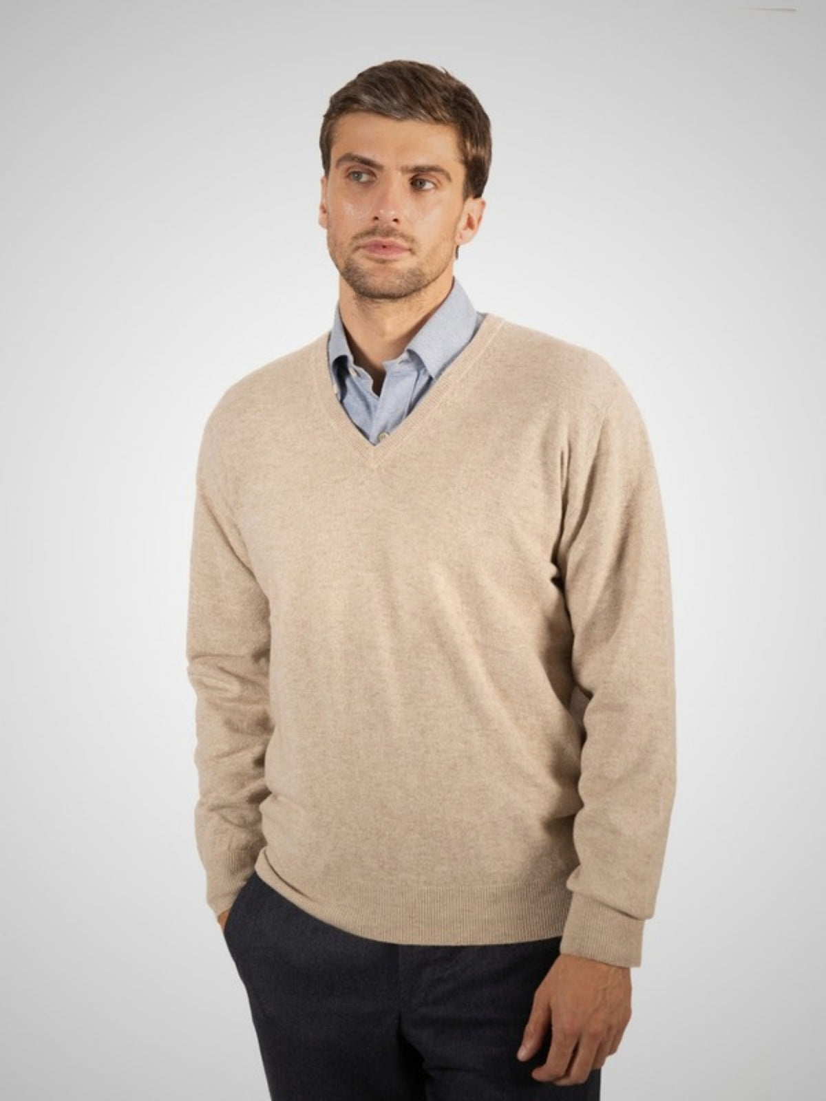 Pedro Men's Classic Cashmere V Neck Jumper (in Light Natural) – Hawico Scotland