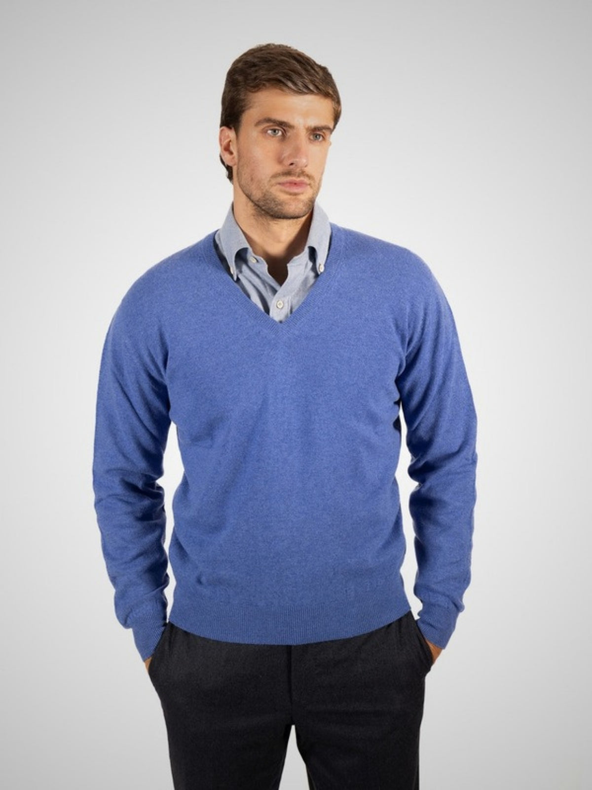 Pedro Men's Classic Cashmere V Neck Jumper (in Pacific Blue) – Hawico Scotland