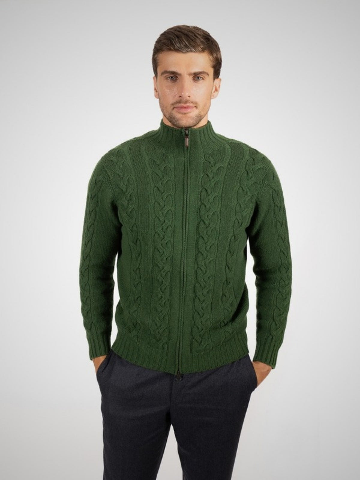 Virio Men's 4 Ply Cable Knit Cashmere Zip-Through (in Cedar) – Hawico Scotland