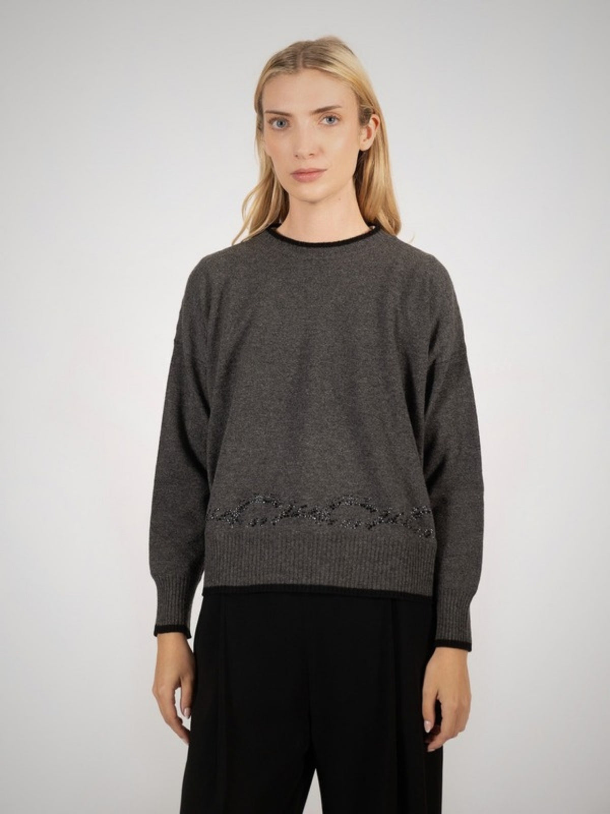 Arakan Cable Crystal Women's Cashmere Jumper with Swarovski Crystals (in Derby Grey/Black) – Hawico Scotland