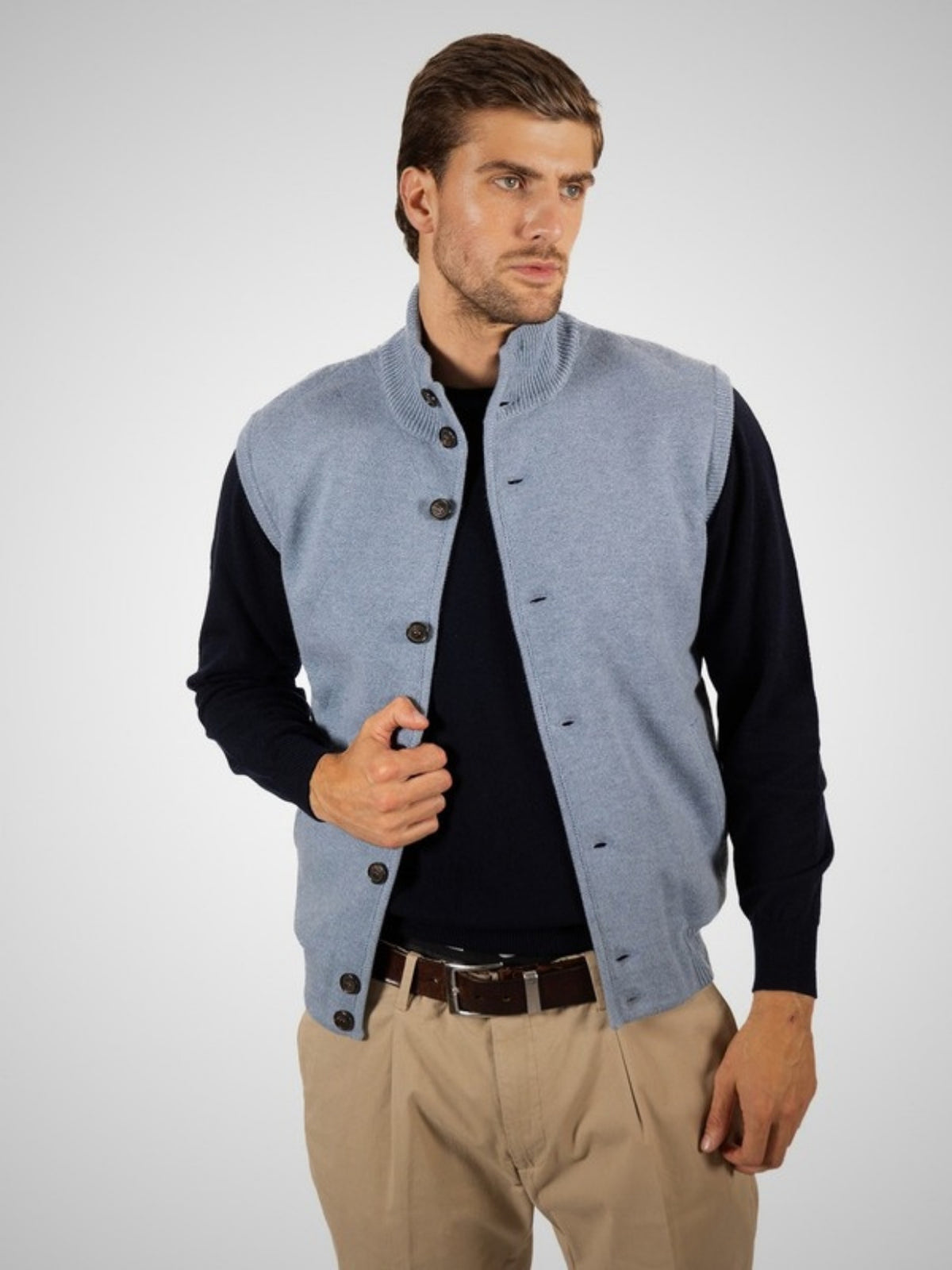 Matsue Men's Tailored Cashmere Gilet (in Pale Denim) – Hawico Scotland