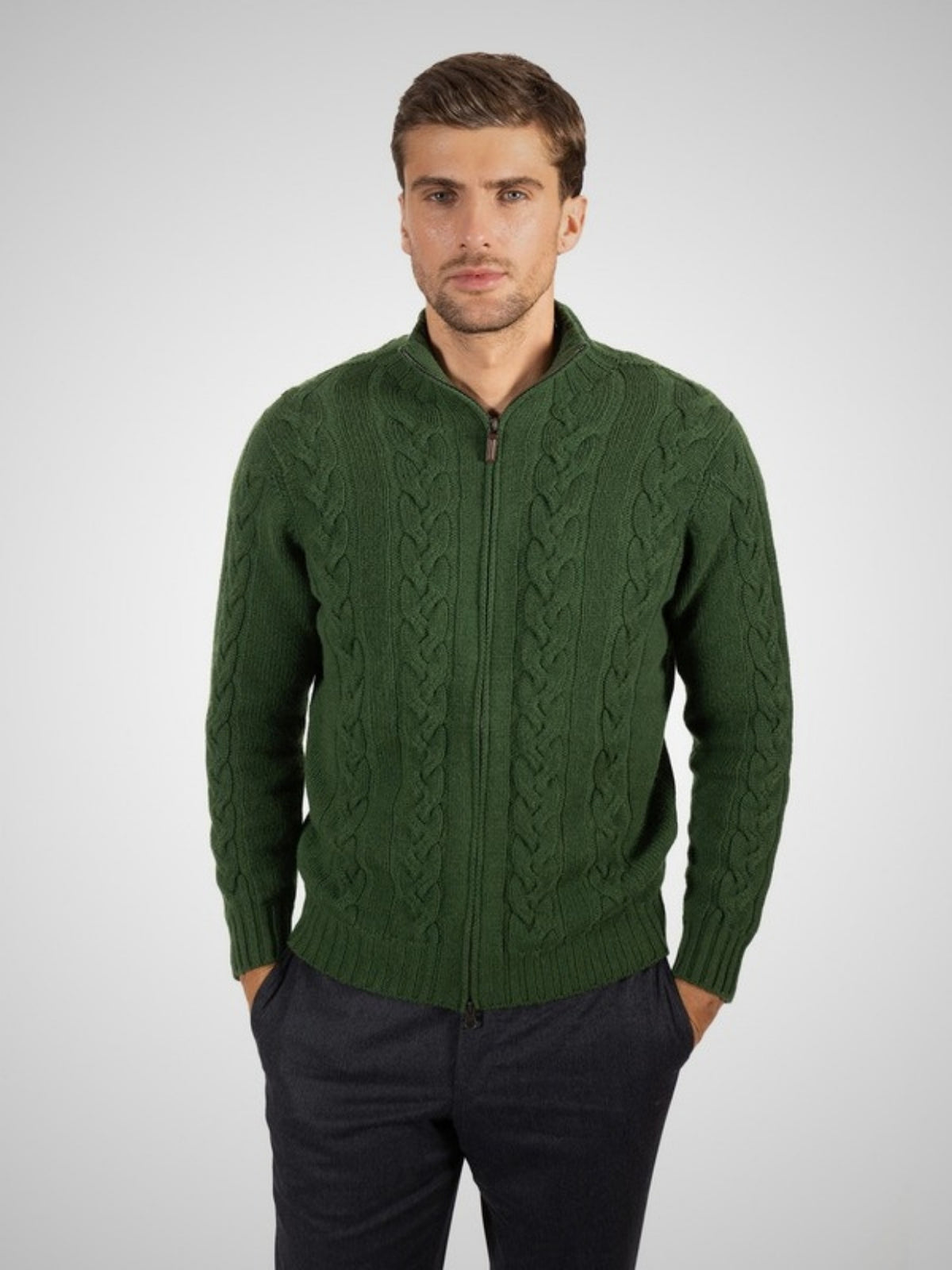 Virio Men's 4 Ply Cable Knit Cashmere Zip-Through (in Cedar) – Hawico Scotland