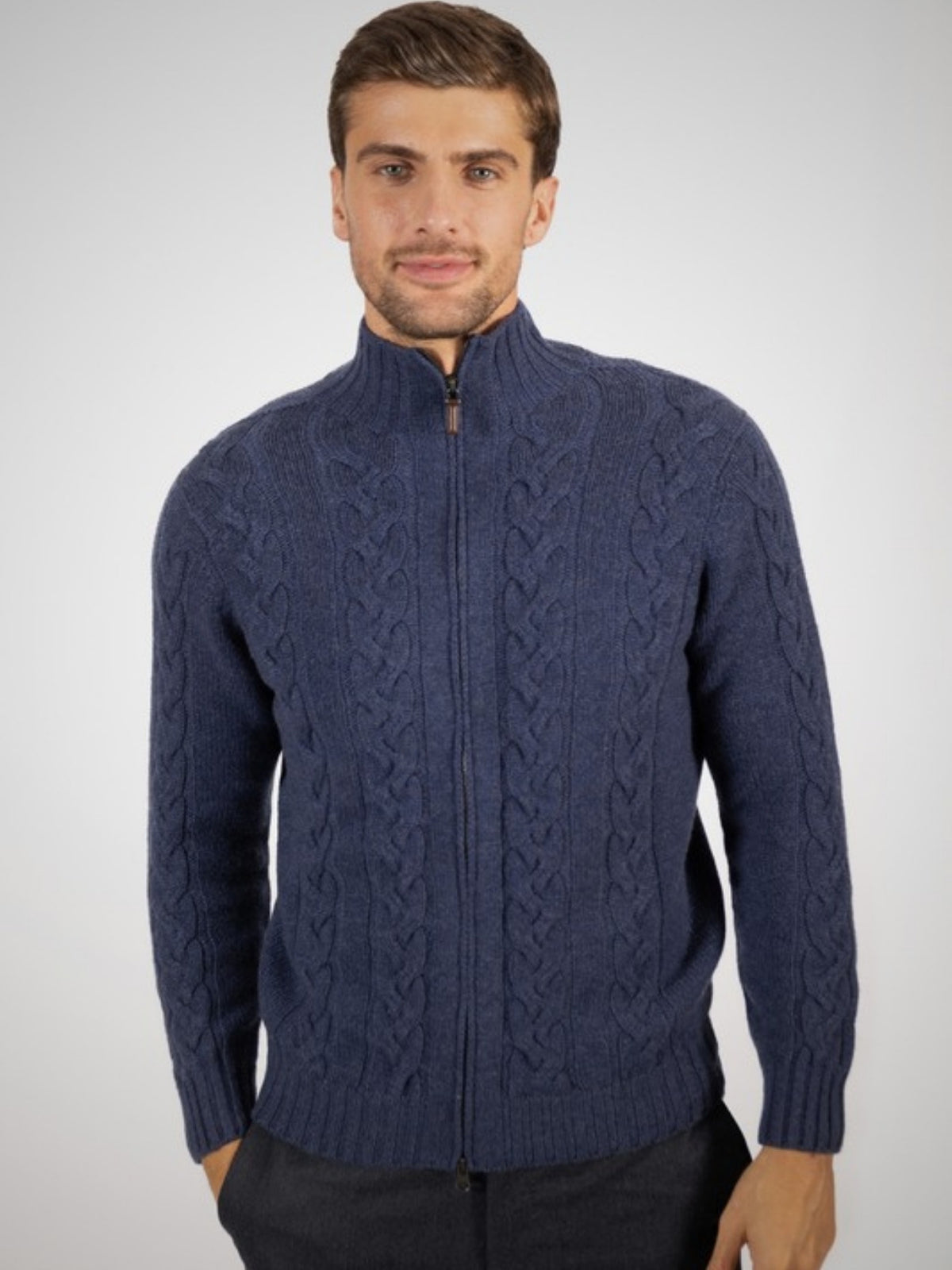 Virio Men's 4 Ply Cable Knit Cashmere Zip-Through (in Indigo) – Hawico Scotland