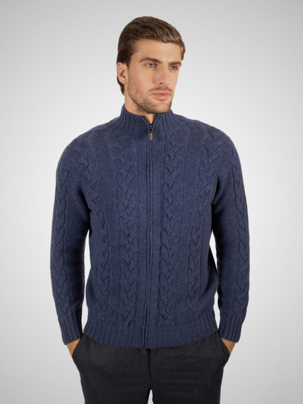 Virio Men's 4 Ply Cable Knit Cashmere Zip-Through (in Indigo) – Hawico Scotland