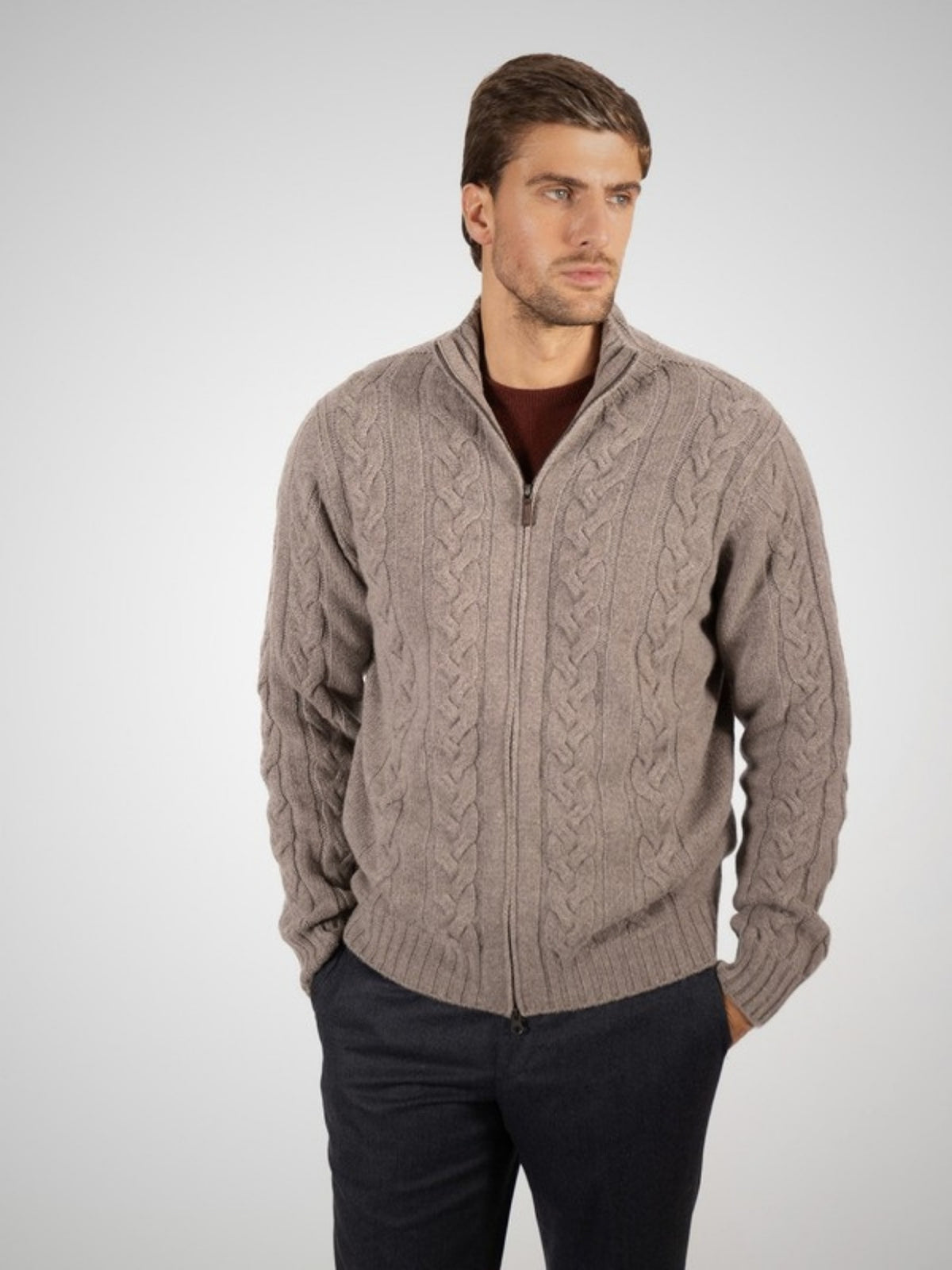 Virio Men's 4 Ply Cable Knit Cashmere Zip-Through (in Sable) – Hawico Scotland